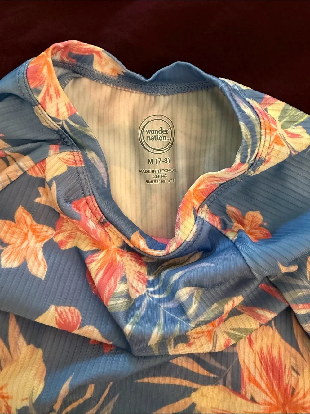 Blue Floral Long-Sleeve Rash Guard with Coral Bottoms
